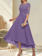 A-line Boat Neck Illusion Asymmetrical Chiffon Lace Mother of the Bride Dress With Sequins Beading by Dreamylily
