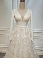A Line Elegant Long Sleeves V Neck Beach Wedding Dress Bridal Gown WD551 by pgmdress