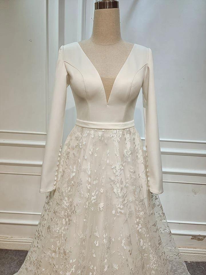 A Line Elegant Long Sleeves V Neck Beach Wedding Dress Bridal Gown WD551 by pgmdress