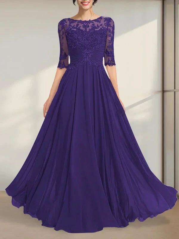 A-line Scoop Illusion Floor-Length Chiffon Lace Mother of the Bride Dress With Pleated Sequins by Dreamylily