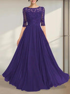 A-line Scoop Illusion Floor-Length Chiffon Lace Mother of the Bride Dress With Pleated Sequins by Dreamylily