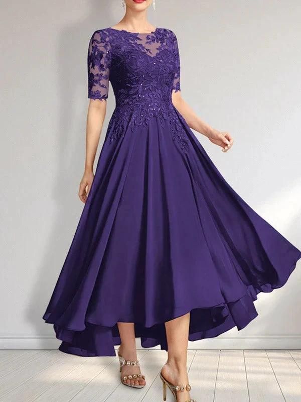 A-line Scoop Illusion Asymmetrical Chiffon Lace Mother of the Bride Dress With Sequins by Dreamylily