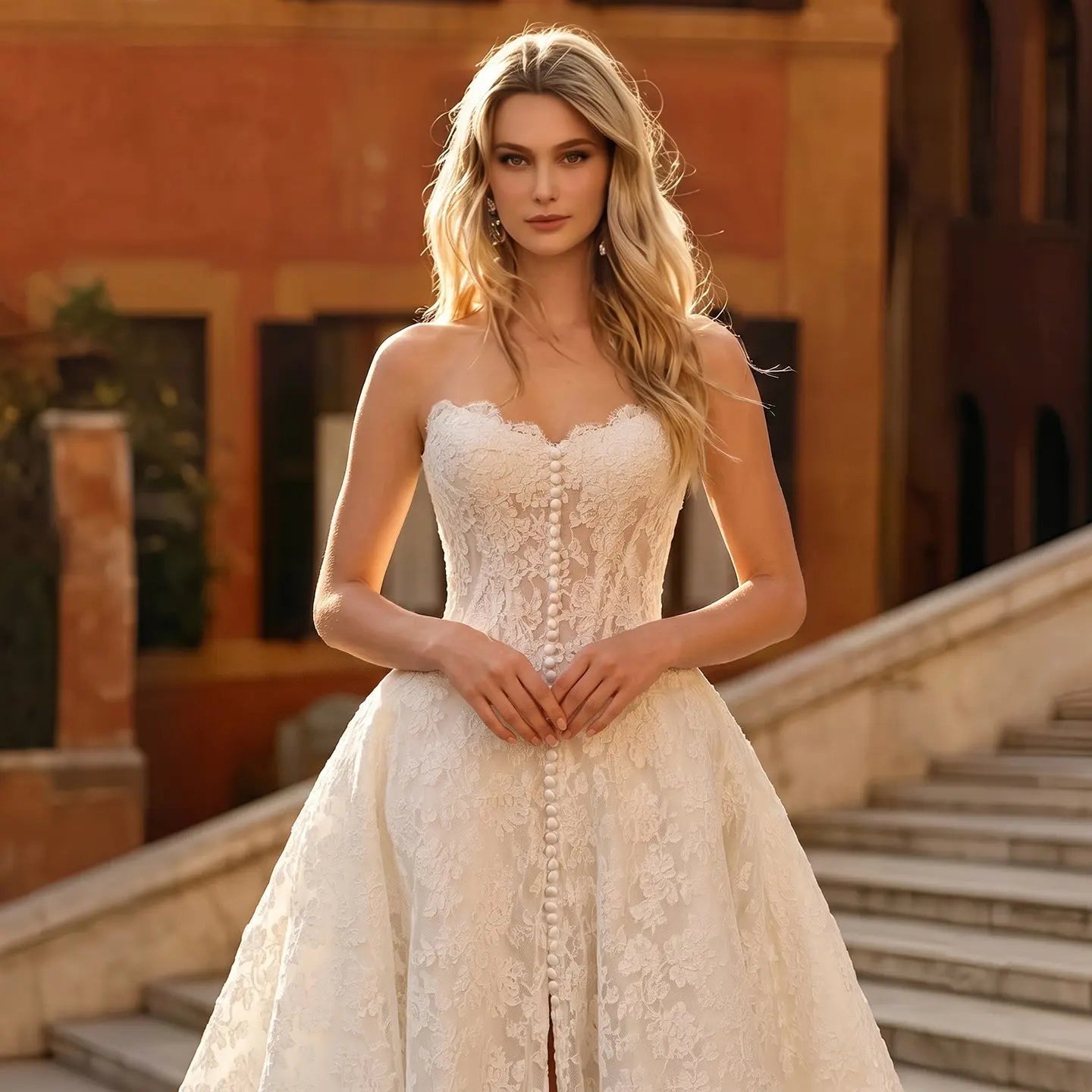 White Floral Lace Strapless Bridal Gown Sweetheart Neckline Front Button Ball Gown SW742