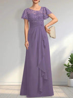 A-line Asymmetrical Illusion Floor-Length Lace Chiffon Mother of the Bride Dress With Cascading Ruffles Sequins by Dreamylily