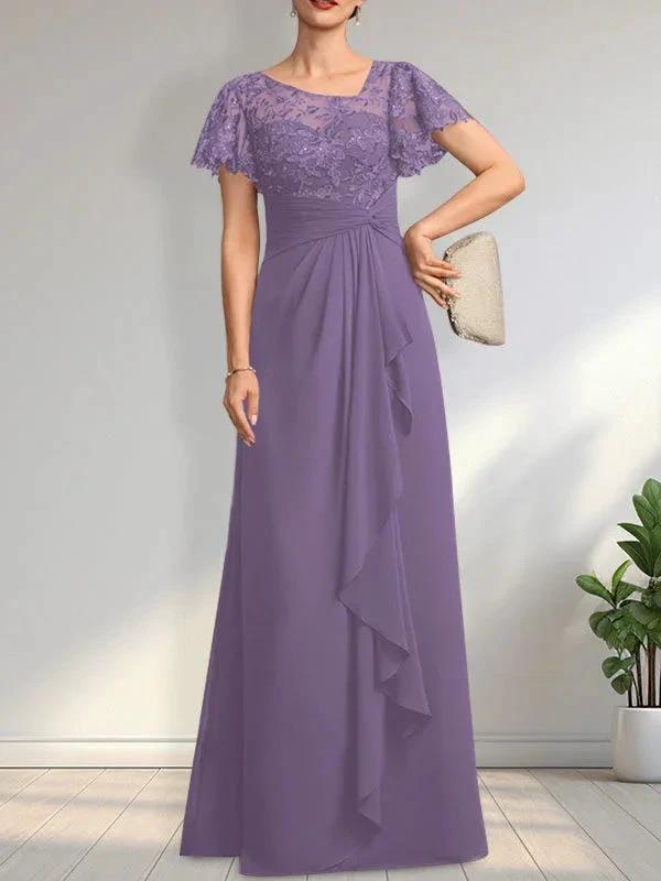 A-line Asymmetrical Illusion Floor-Length Lace Chiffon Mother of the Bride Dress With Cascading Ruffles Sequins by Dreamylily