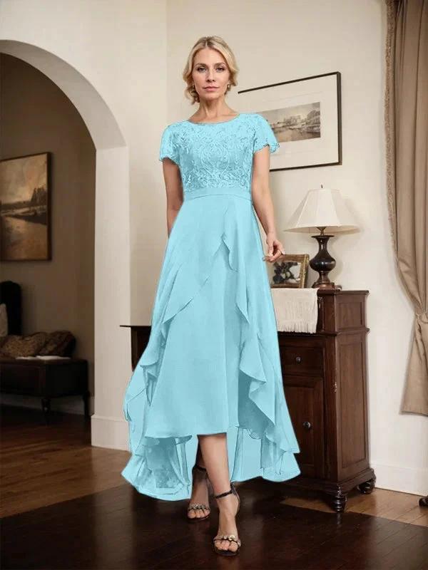 A-line Scoop Illusion Asymmetrical Chiffon Lace Mother of the Bride Dress With Bow Ruffle Sequins by Dreamylily