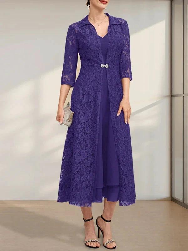 A-line V-Neck Tea-Length Chiffon Mother of the Bride Dress by Dreamylily
