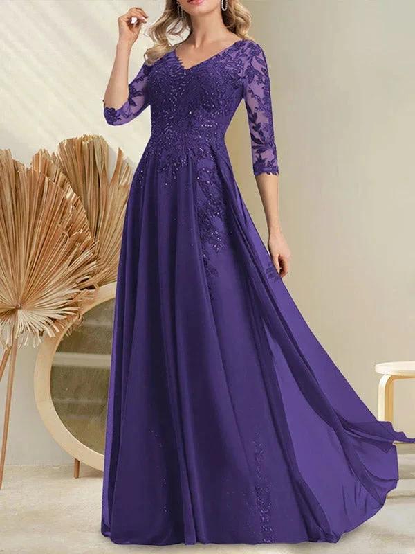 A-line V-Neck Floor-Length Lace Chiffon Mother of the Bride Dress With Sequins by Dreamylily