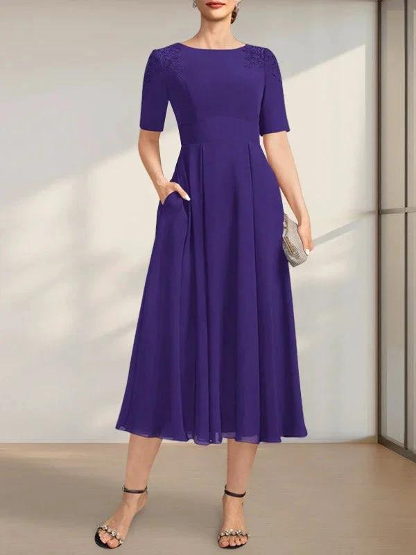 A-line Scoop Tea-Length Chiffon Mother of the Bride Dress With Appliques Lace Sequins by Dreamylily