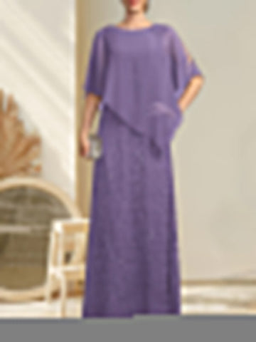 Sheath/Column Scoop Floor-Length Chiffon Lace Mother of the Bride Dress With Sequins Beading