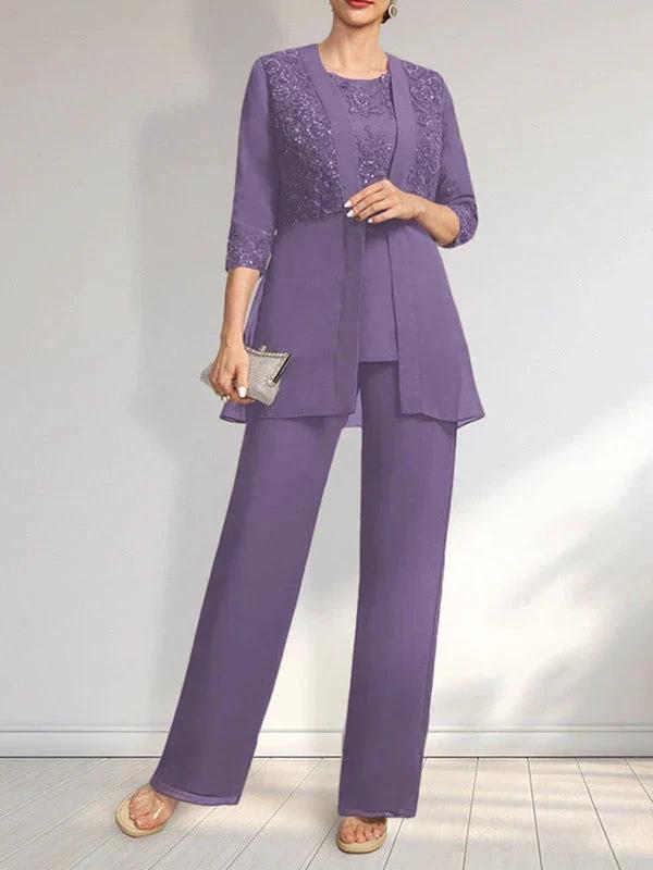Jumpsuit/Pantsuit Separates Scoop Floor-Length Chiffon Lace Mother of the Bride Dress With Sequins by Dreamylily