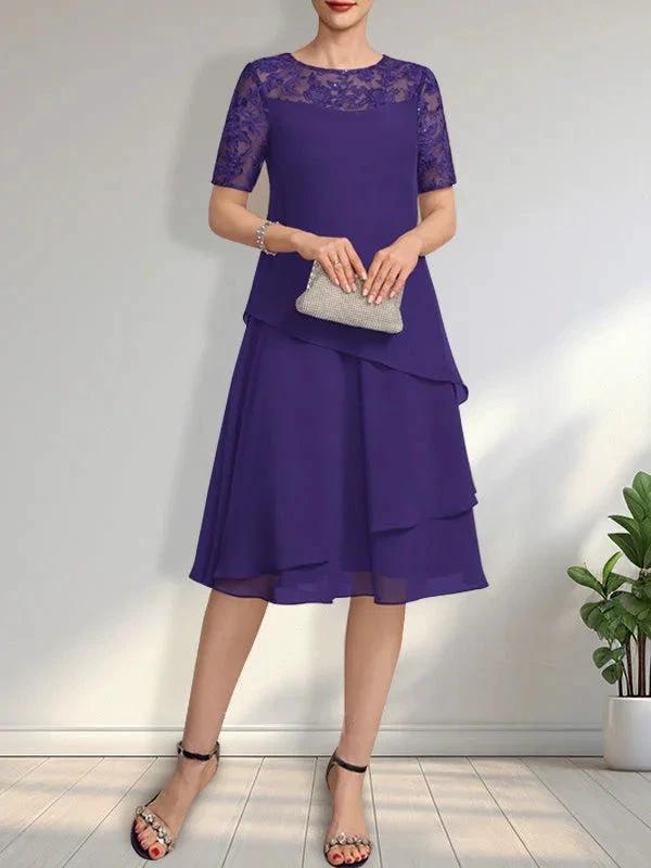 A-line Scoop Illusion Knee-Length Lace Chiffon Mother of the Bride Dress With Sequins by Dreamylily