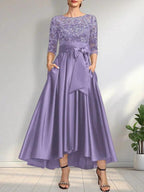 A-line Scoop Illusion Asymmetrical Satin Lace Mother of the Bride Dress With Bow by Dreamylily