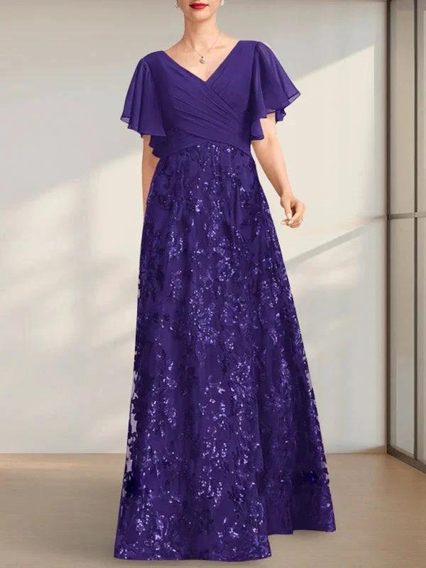 A-line V-Neck Floor-Length Lace Sequin Chiffon Mother of the Bride Dress With Pleated by Dreamylily