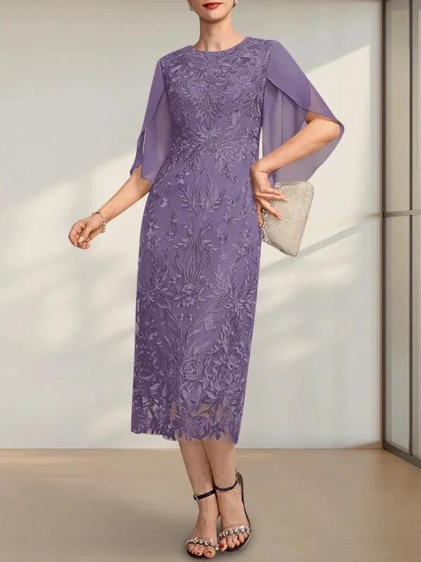 Sheath/Column Scoop Tea-Length Lace Chiffon Mother of the Bride Dress by Dreamylily