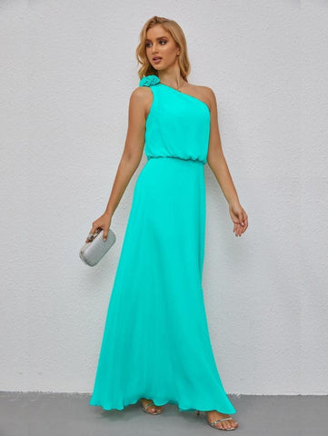 Ruffled One Shoulder Sleeveless Long Bridesmaid Dresses A-line Formal Evening Gown Side Split 28080