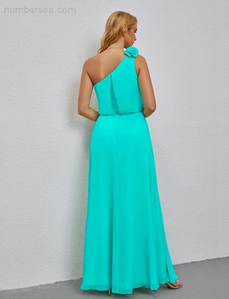 Ruffled One Shoulder Sleeveless Long Bridesmaid Dresses A-line Formal Evening Gown Side Split 28080 by numbersea