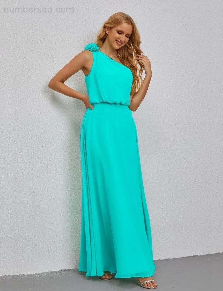 Ruffled One Shoulder Sleeveless Long Bridesmaid Dresses A-line Formal Evening Gown Side Split 28080 by numbersea