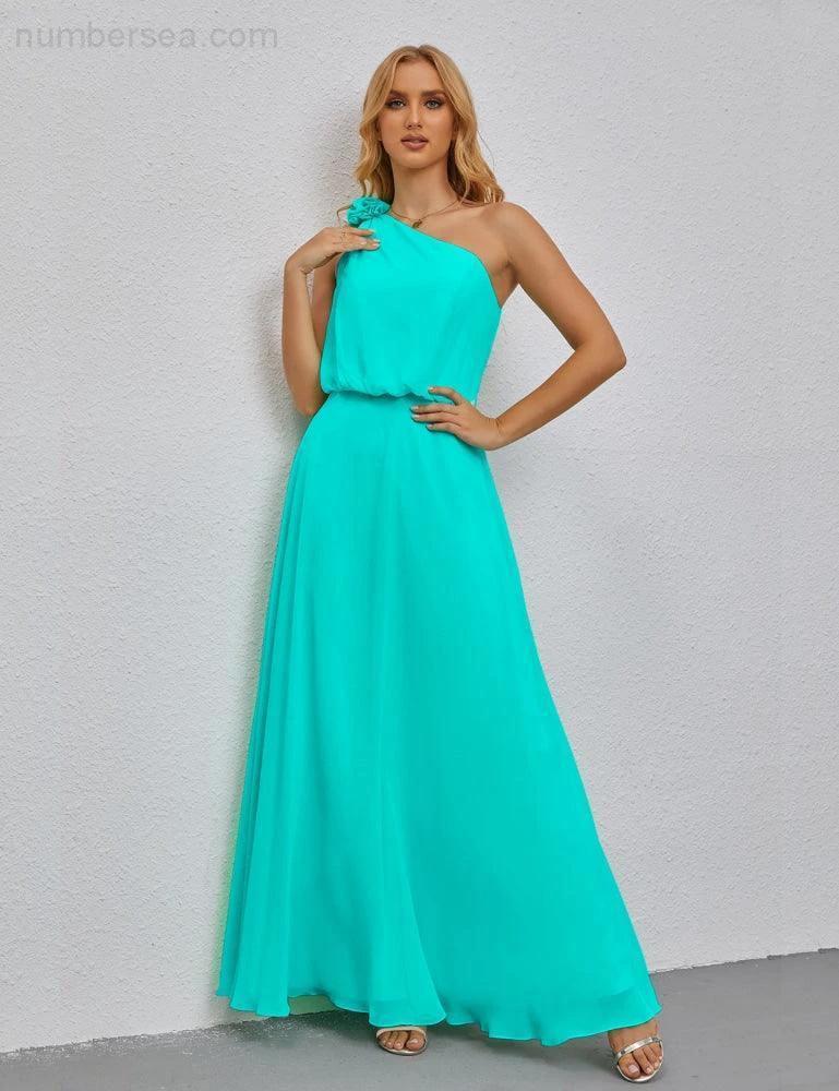 Ruffled One Shoulder Sleeveless Long Bridesmaid Dresses A-line Formal Evening Gown Side Split 28080 by numbersea