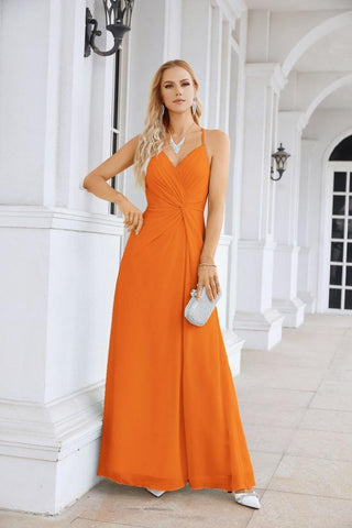 Ladies Chiffon Spaghetti Strap V Neck Front Slit Floor Length Bridesmaid Evening Dress Prom Party Wedding Evening Dress 28116