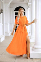 Ladies Chiffon Sleeve Crew Neck Front Slit Floor Length Bridesmaid Evening Dress Wedding Party Evening Dress 28124 by numbersea