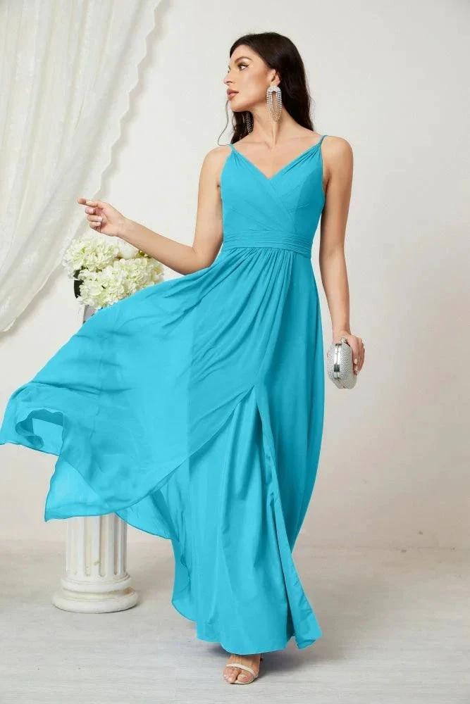 Vestido de dama de honor de gasa con escote en V y tirantes finos, largo, formal, para fiesta de graduación y con abertura, Numbersea 28010 