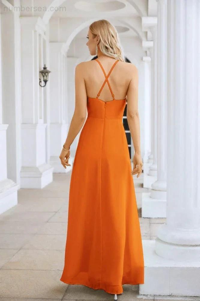 Ladies Chiffon Spaghetti Strap V Neck Front Slit Floor Length Bridesmaid Evening Dress Prom Party Wedding Evening Dress 28116 by numbersea