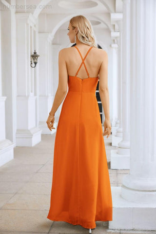 Ladies Chiffon Spaghetti Strap V Neck Front Slit Floor Length Bridesmaid Evening Dress Prom Party Wedding Evening Dress 28116