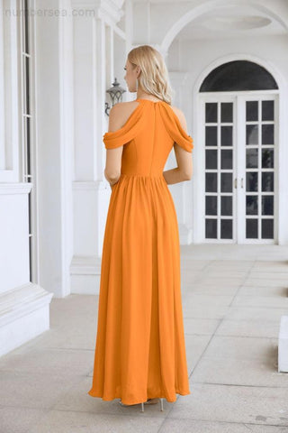 Ladies Chiffon Off Shoulder Swing Sleeve Front Slit Bridesmaid Evening Dress Wedding Party Evening Dress 28117