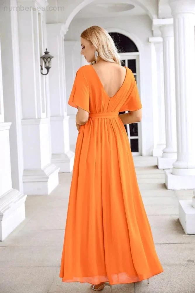 Ladies Chiffon Sleeve Crew Neck Front Slit Floor Length Bridesmaid Evening Dress Wedding Party Evening Dress 28124 by numbersea
