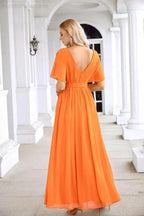Ladies Chiffon Sleeve Crew Neck Front Slit Floor Length Bridesmaid Evening Dress Wedding Party Evening Dress 28124 by numbersea