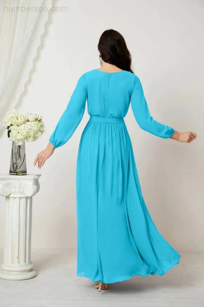 Sunnderly Evening Dresses Deep V-Neck Chiffon Bridesmaid Dresses Long Bishop Sleeve Side Split Formal Dress SY2806 by numbersea