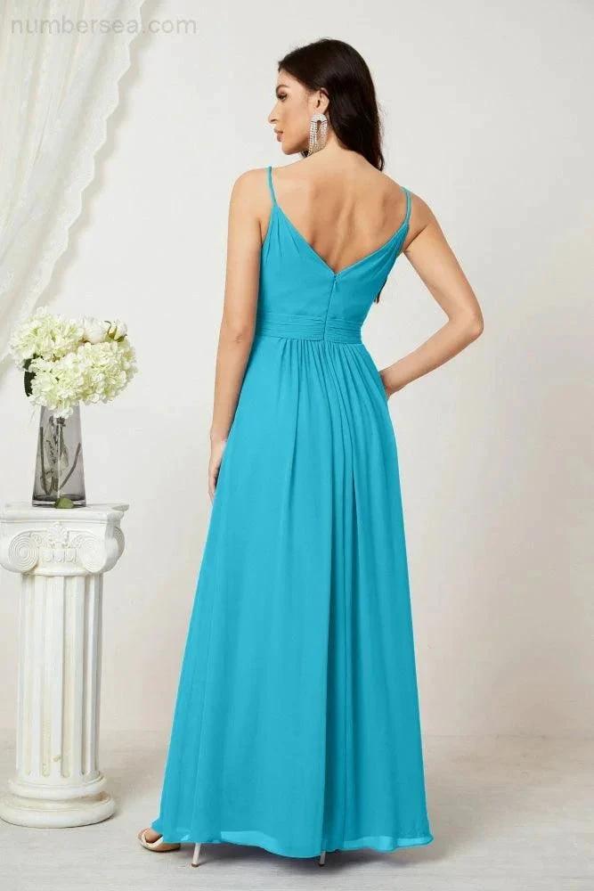 Vestido de dama de honor de gasa con escote en V y tirantes finos, largo, formal, para fiesta de graduación y con abertura, Numbersea 28010 