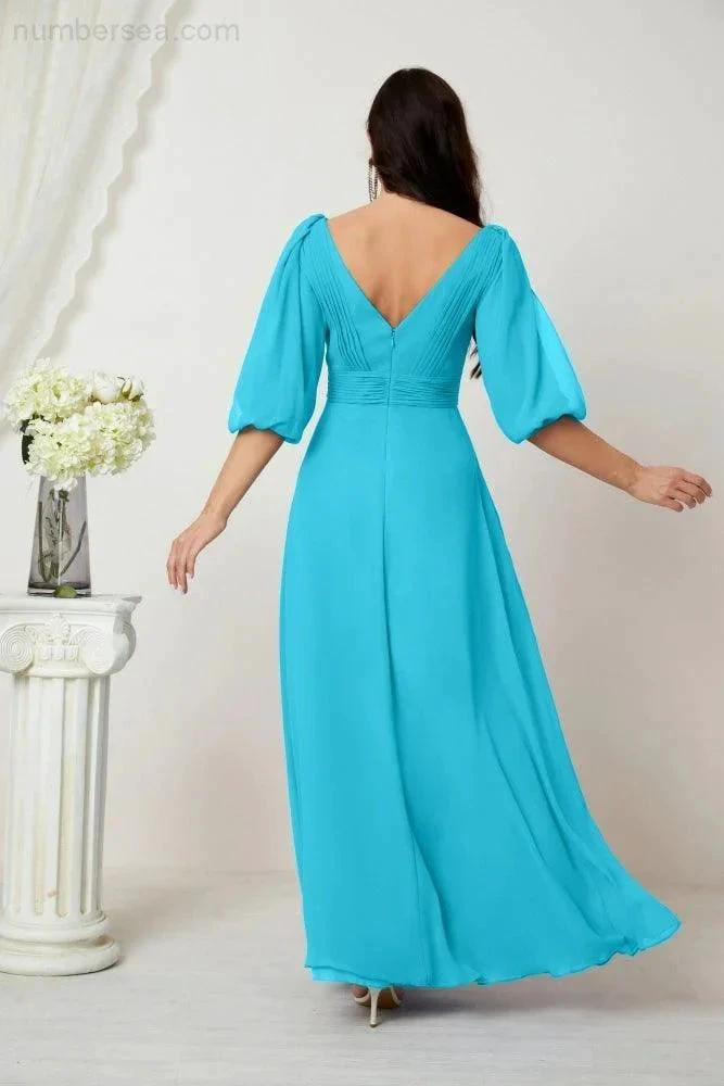 Numbersea Formal Prom Gown Women V-Neck Chiffon Bridesmaid Dresses Long Bishop Sleeve Party Dress 2807 by numbersea