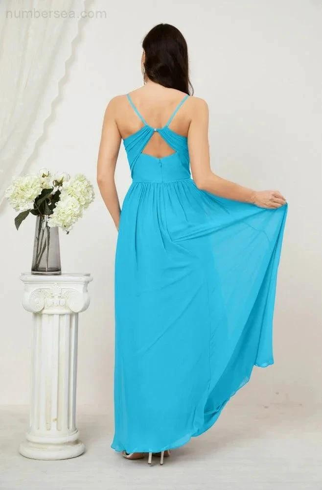 Numbersea Neck Bridesmaid Dresses Chiffon Long Spaghetti A-line Formal Prom Gown for Wedding Party Evening 2801 by numbersea