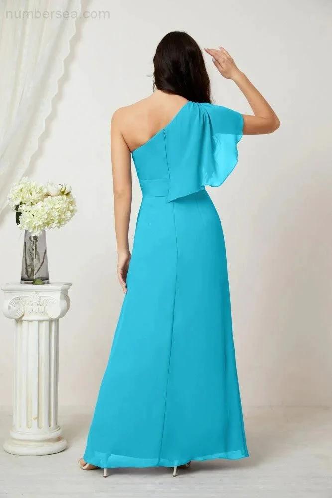 Numbersea Chiffon Ruffled One Shoulder Long Bridesmaid Dresses A-line Formal Evening Gown Side Split 2809 by numbersea