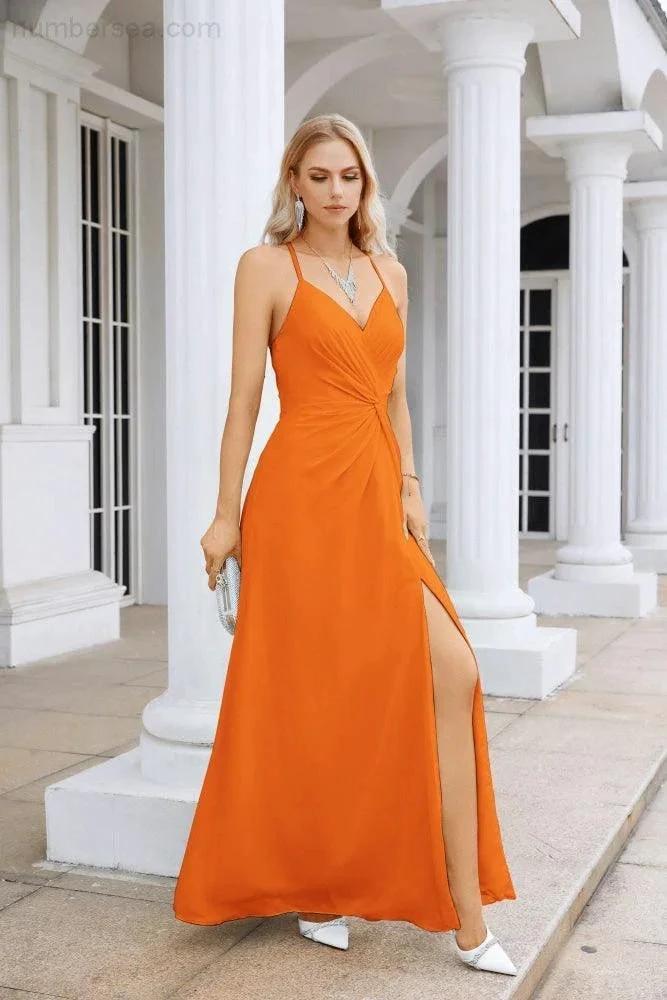 Ladies Chiffon Spaghetti Strap V Neck Front Slit Floor Length Bridesmaid Evening Dress Prom Party Wedding Evening Dress 28116 by numbersea