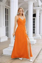 Ladies Chiffon Spaghetti Strap V Neck Front Slit Floor Length Bridesmaid Evening Dress Prom Party Wedding Evening Dress 28116 by numbersea