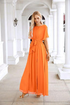 Ladies Chiffon Sleeve Crew Neck Front Slit Floor Length Bridesmaid Evening Dress Wedding Party Evening Dress 28124 by numbersea