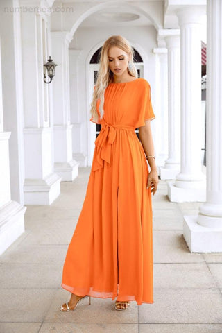Ladies Chiffon Sleeve Crew Neck Front Slit Floor Length Bridesmaid Evening Dress Wedding Party Evening Dress 28124