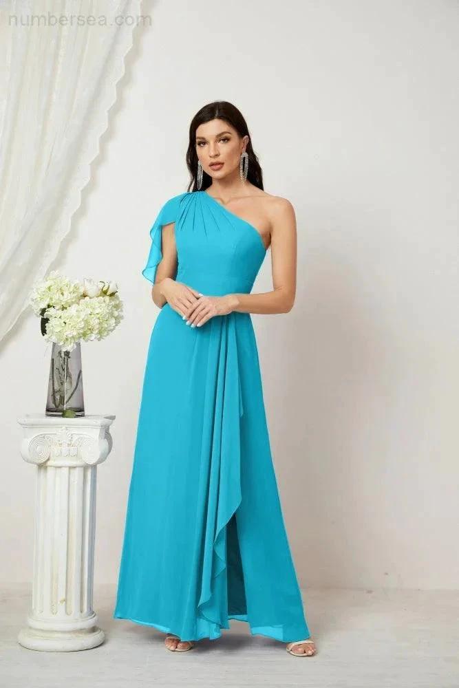 Numbersea Chiffon Ruffled One Shoulder Long Bridesmaid Dresses A-line Formal Evening Gown Side Split 2809 by numbersea