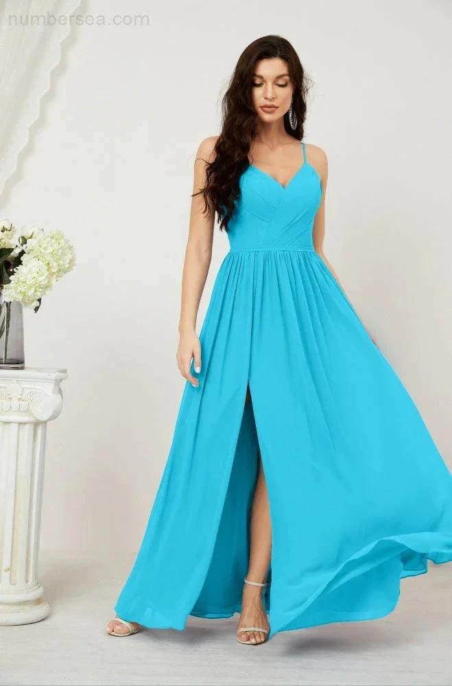 Numbersea Neck Bridesmaid Dresses Chiffon Long Spaghetti A-line Formal Prom Gown for Wedding Party Evening 2801 by numbersea