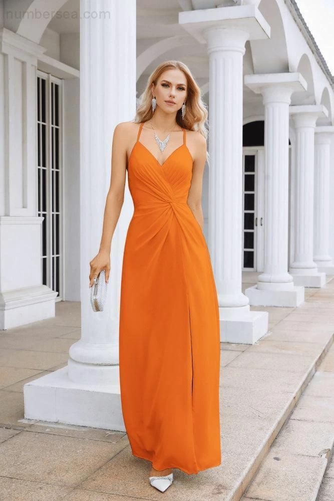 Ladies Chiffon Spaghetti Strap V Neck Front Slit Floor Length Bridesmaid Evening Dress Prom Party Wedding Evening Dress 28116 by numbersea