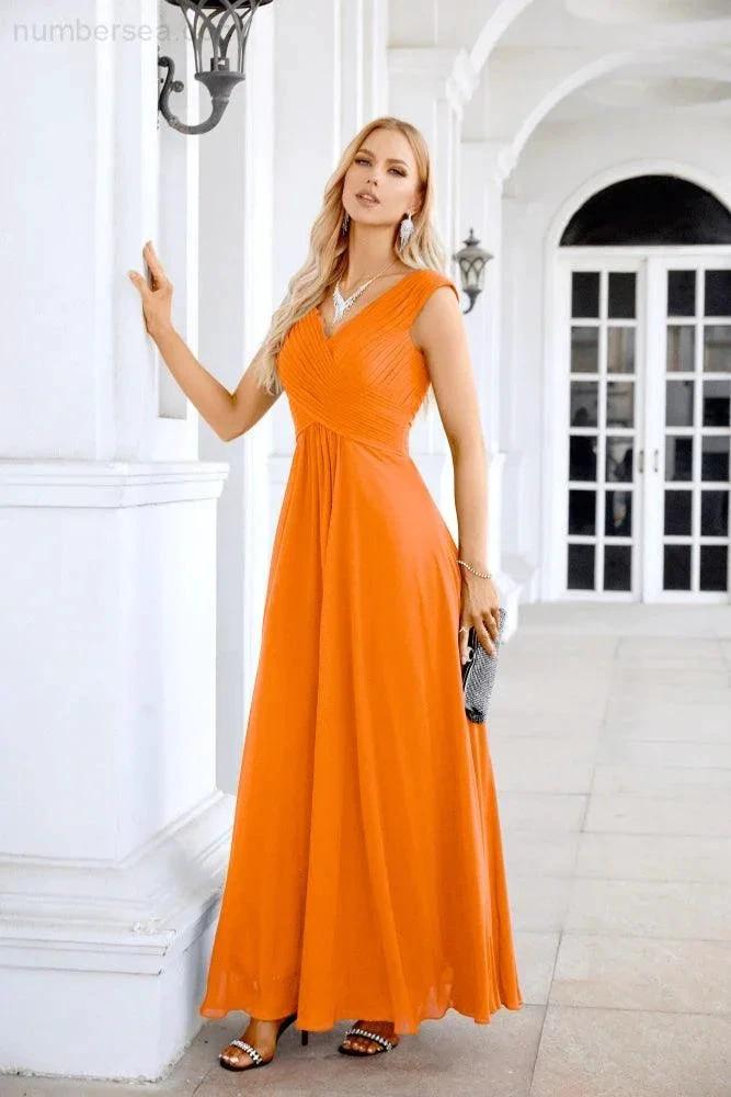 Ladies Chiffon V Neck Sleeveless Floor Length Bridesmaid Evening Dress Wedding Party Evening Dress 28126 by numbersea