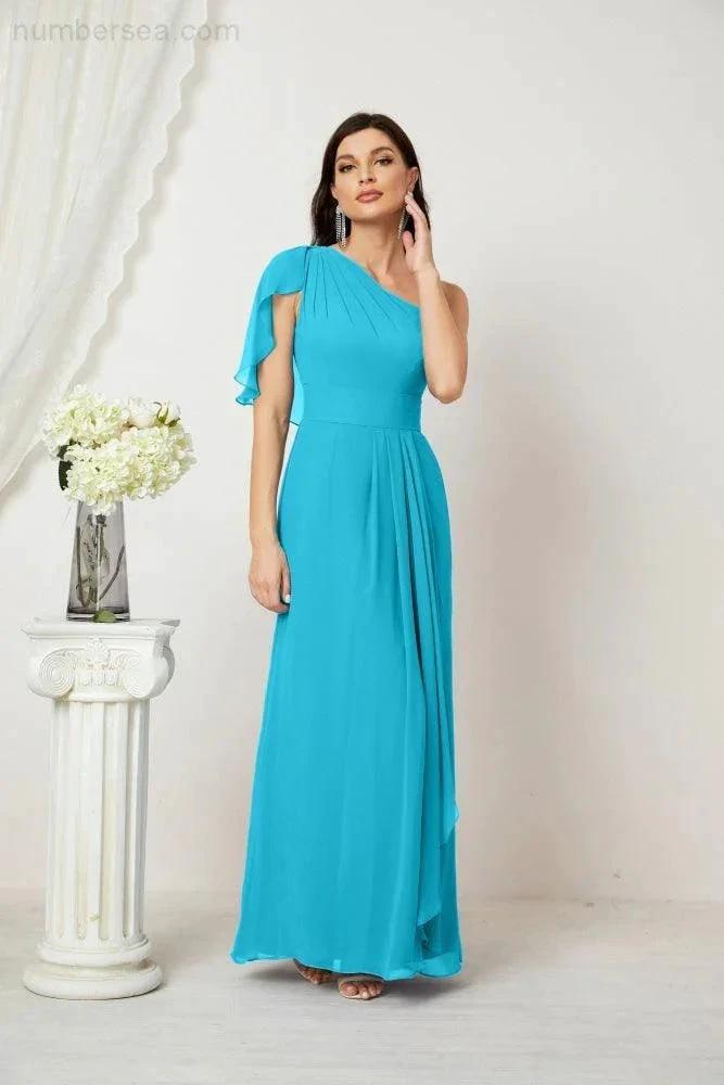 Numbersea Chiffon Ruffled One Shoulder Long Bridesmaid Dresses A-line Formal Evening Gown Side Split 2809 by numbersea