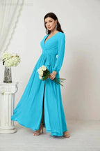 Sunnderly Evening Dresses Deep V-Neck Chiffon Bridesmaid Dresses Long Bishop Sleeve Side Split Formal Dress SY2806 by numbersea