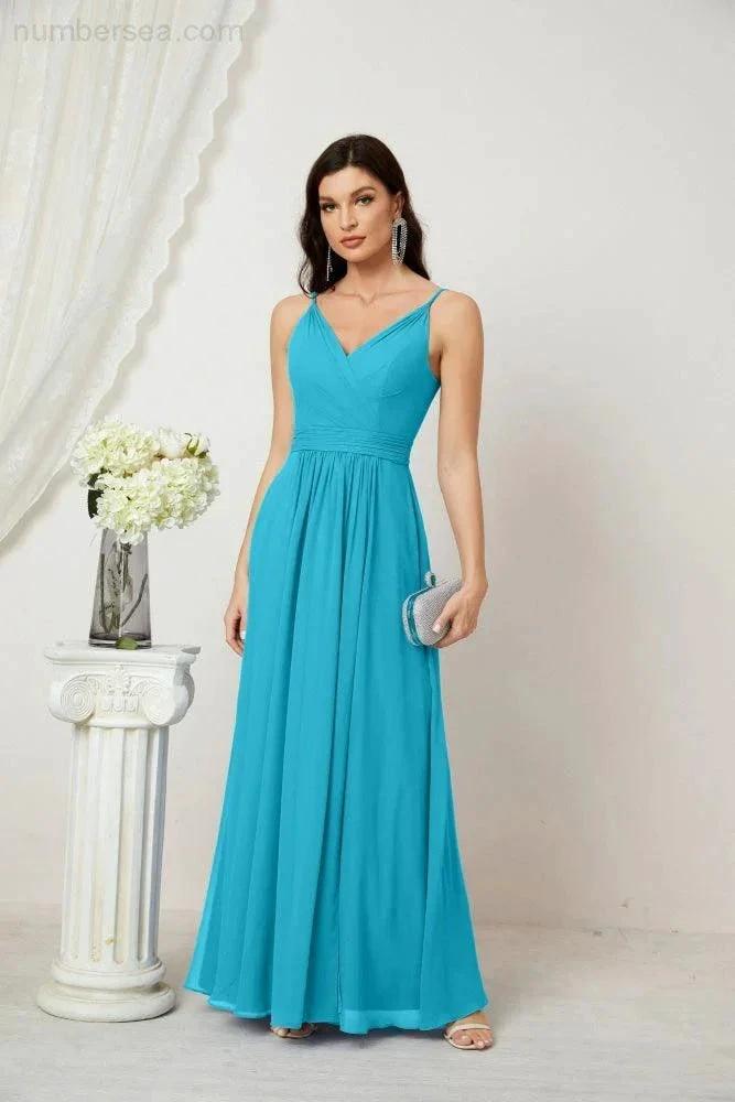 Vestido de dama de honor de gasa con escote en V y tirantes finos, largo, formal, para fiesta de graduación y con abertura, Numbersea 28010 