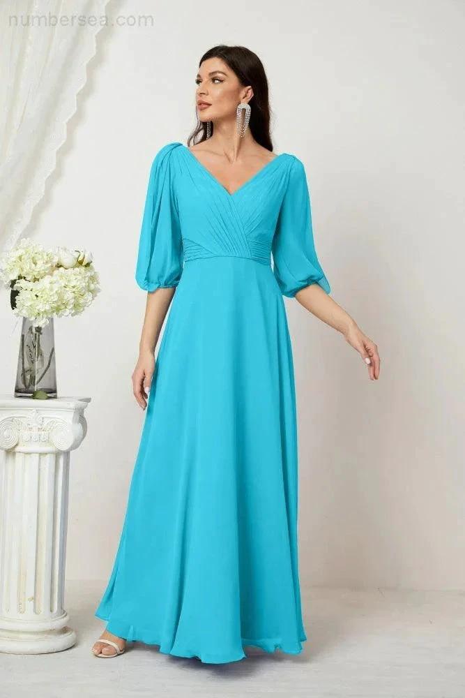 Numbersea Formal Prom Gown Women V-Neck Chiffon Bridesmaid Dresses Long Bishop Sleeve Party Dress 2807 by numbersea