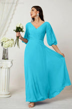 Numbersea Formal Prom Gown Women V-Neck Chiffon Bridesmaid Dresses Long Bishop Sleeve Party Dress 2807 by numbersea