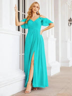 Numbersea Cold Shoulder Long Bridesmaid Dresses Side Slit Formal Prom Gowns Party Wedding 28070 by numbersea